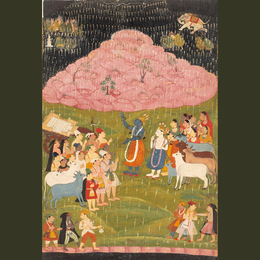 Krishna raising Mount Govardhan, an illustration from the Bhagavata Purana manuscript